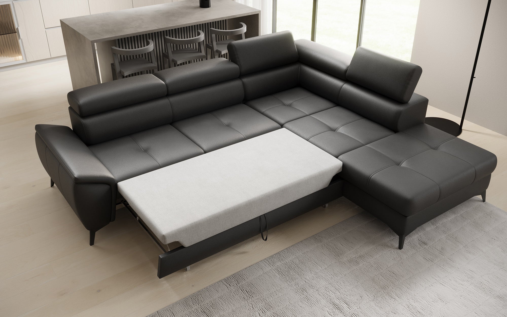 Designer L Sofa Aveline with Sleeping Function and Storage in Genuine Leather