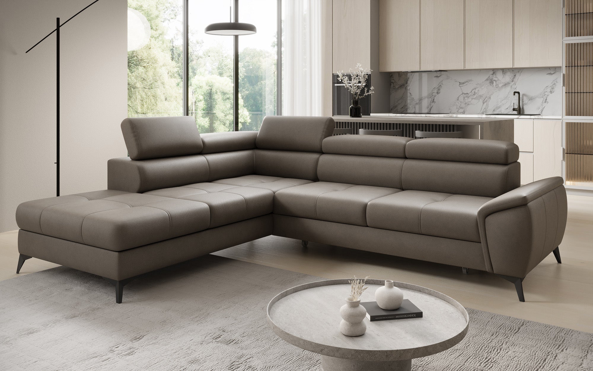 Designer L Sofa Aveline with Sleeping Function and Storage in Genuine Leather