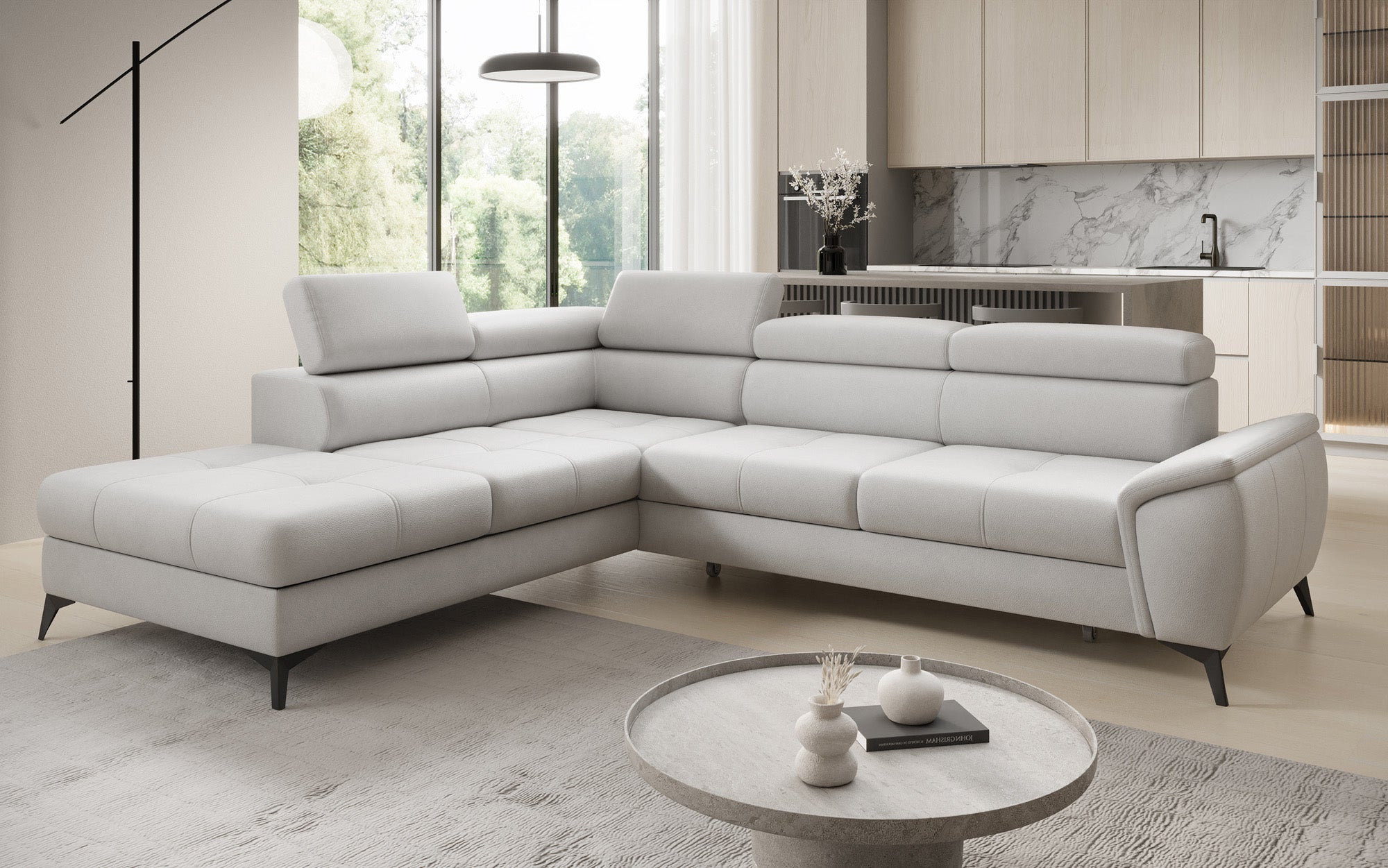 Designer L Sofa Aveline with Sleeping Function and Storage in Genuine Leather