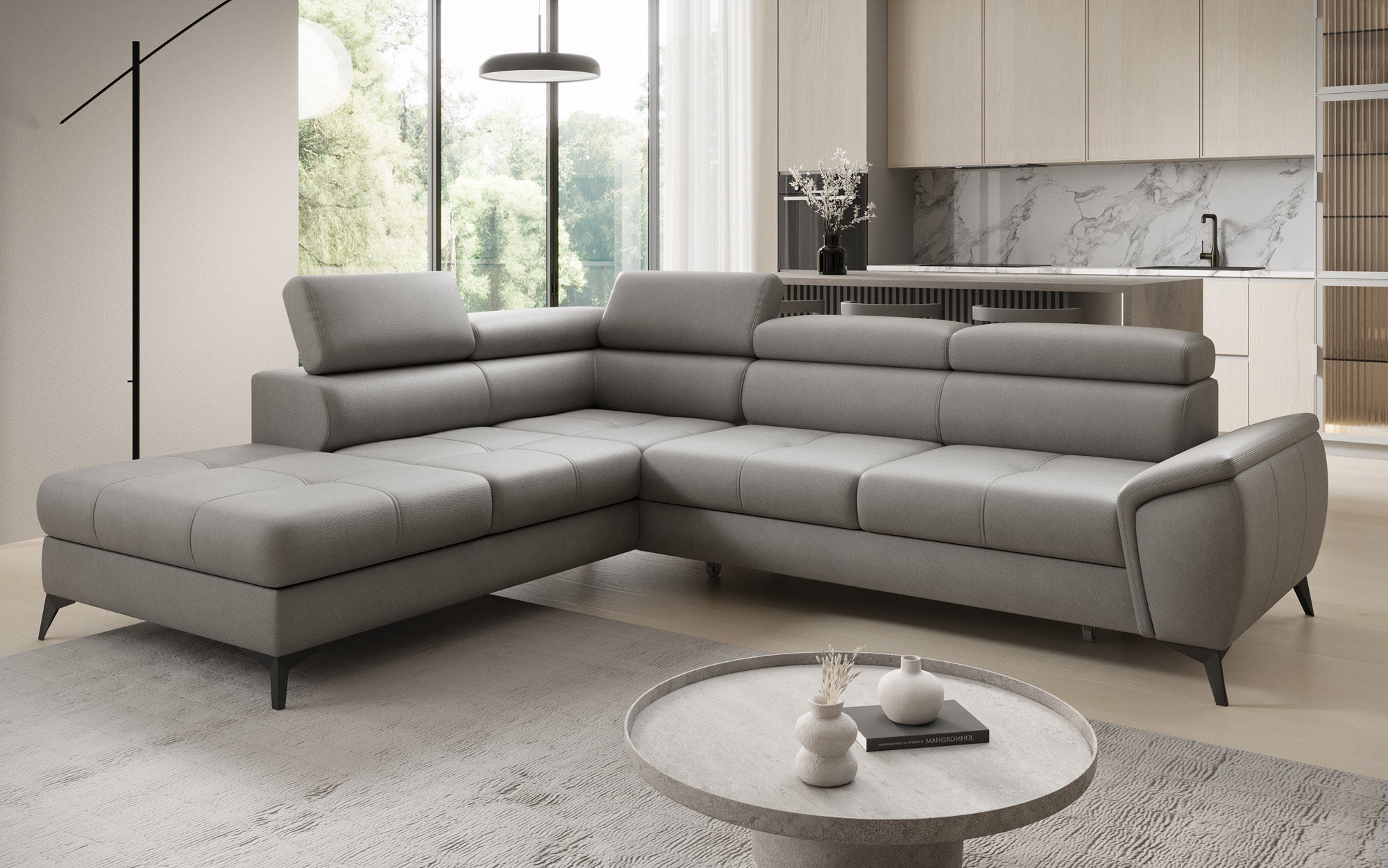 Designer L Sofa Aveline with Sleeping Function and Storage in Genuine Leather