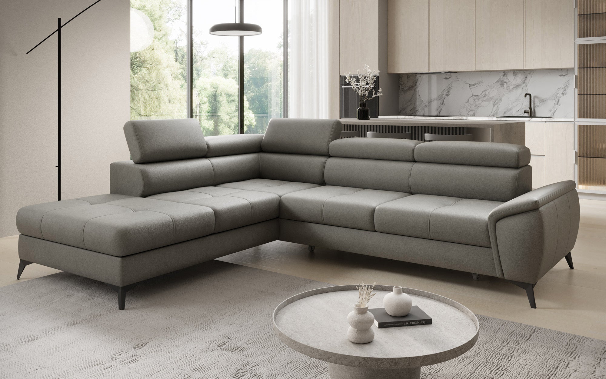 Designer L Sofa Aveline with Sleeping Function and Storage in Genuine Leather