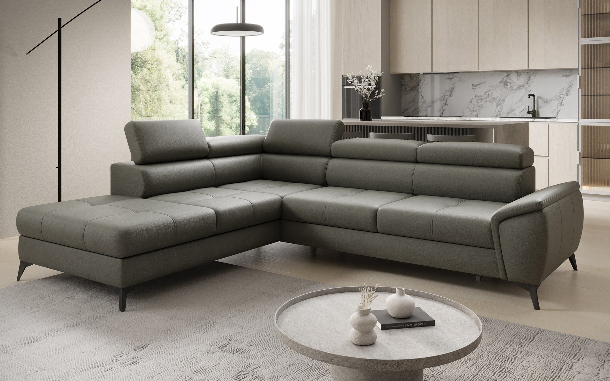 Designer L Sofa Aveline with Sleeping Function and Storage in Genuine Leather