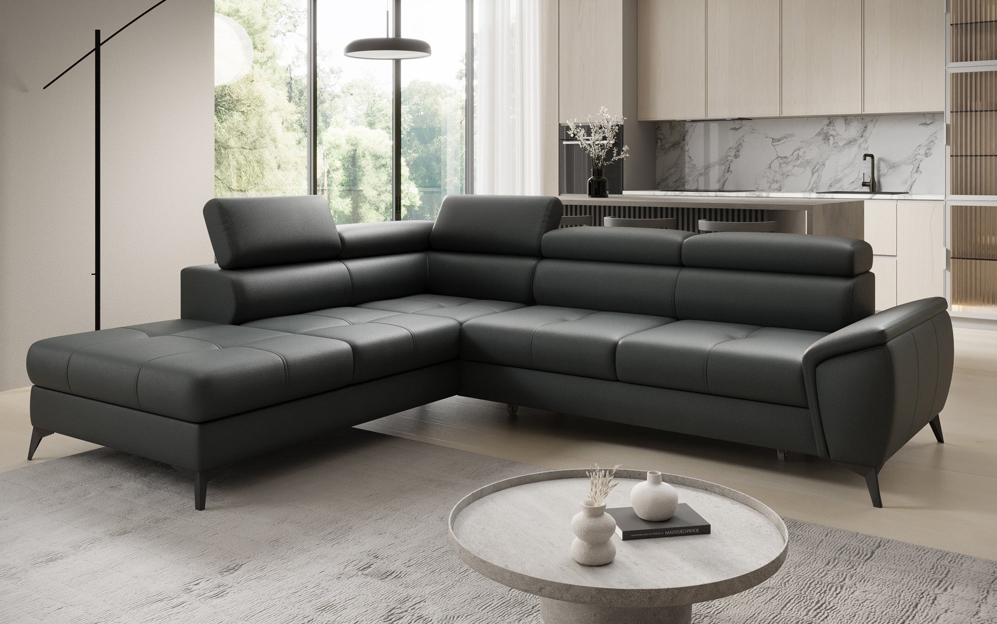 Designer L Sofa Aveline with Sleeping Function and Storage in Genuine Leather