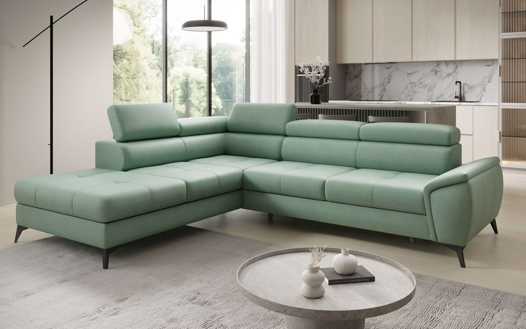 Designer L Sofa Aveline with Sleeping Function and Storage in Genuine Leather
