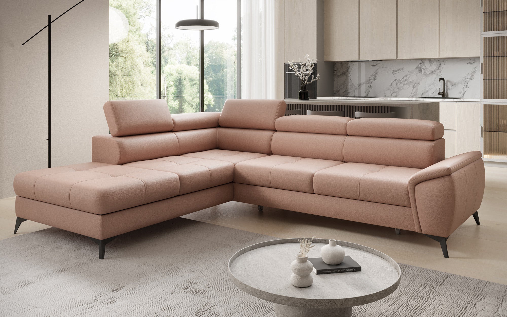 Designer L Sofa Aveline with Sleeping Function and Storage in Genuine Leather