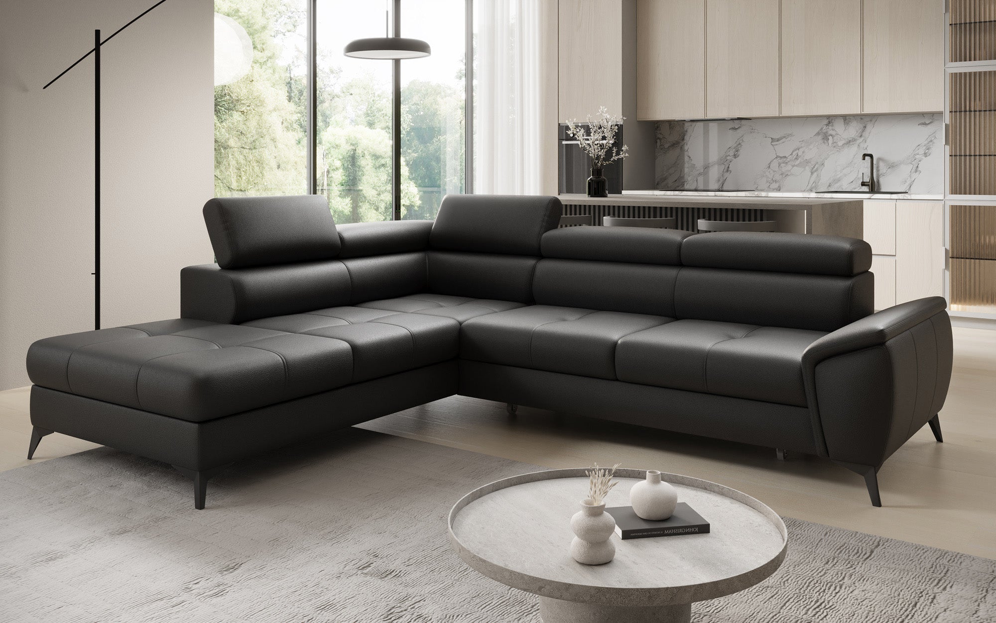 Designer L Sofa Aveline with Sleeping Function and Storage in Genuine Leather