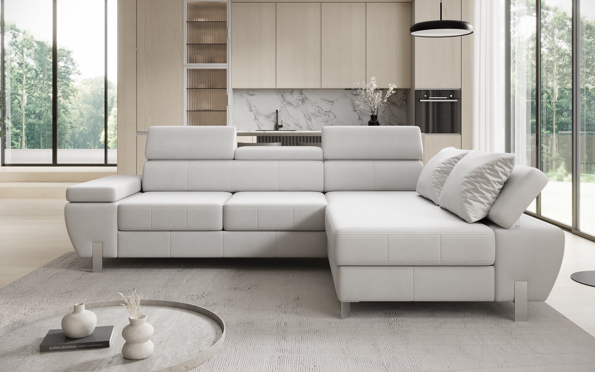 Designer L Sofa Calista with Sleeping Function and Storage in Genuine Leather