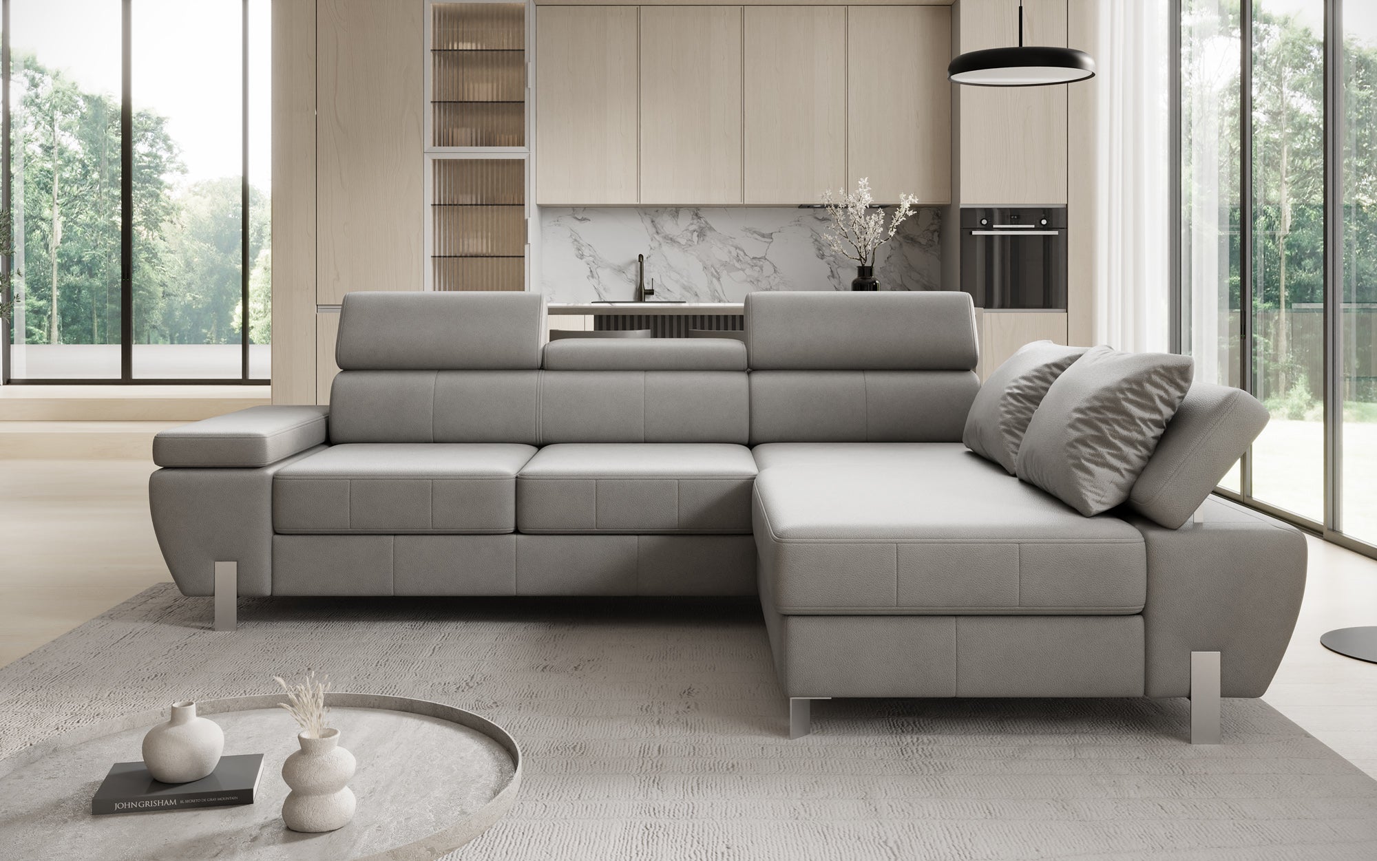 Designer L Sofa Calista with Sleeping Function and Storage in Genuine Leather