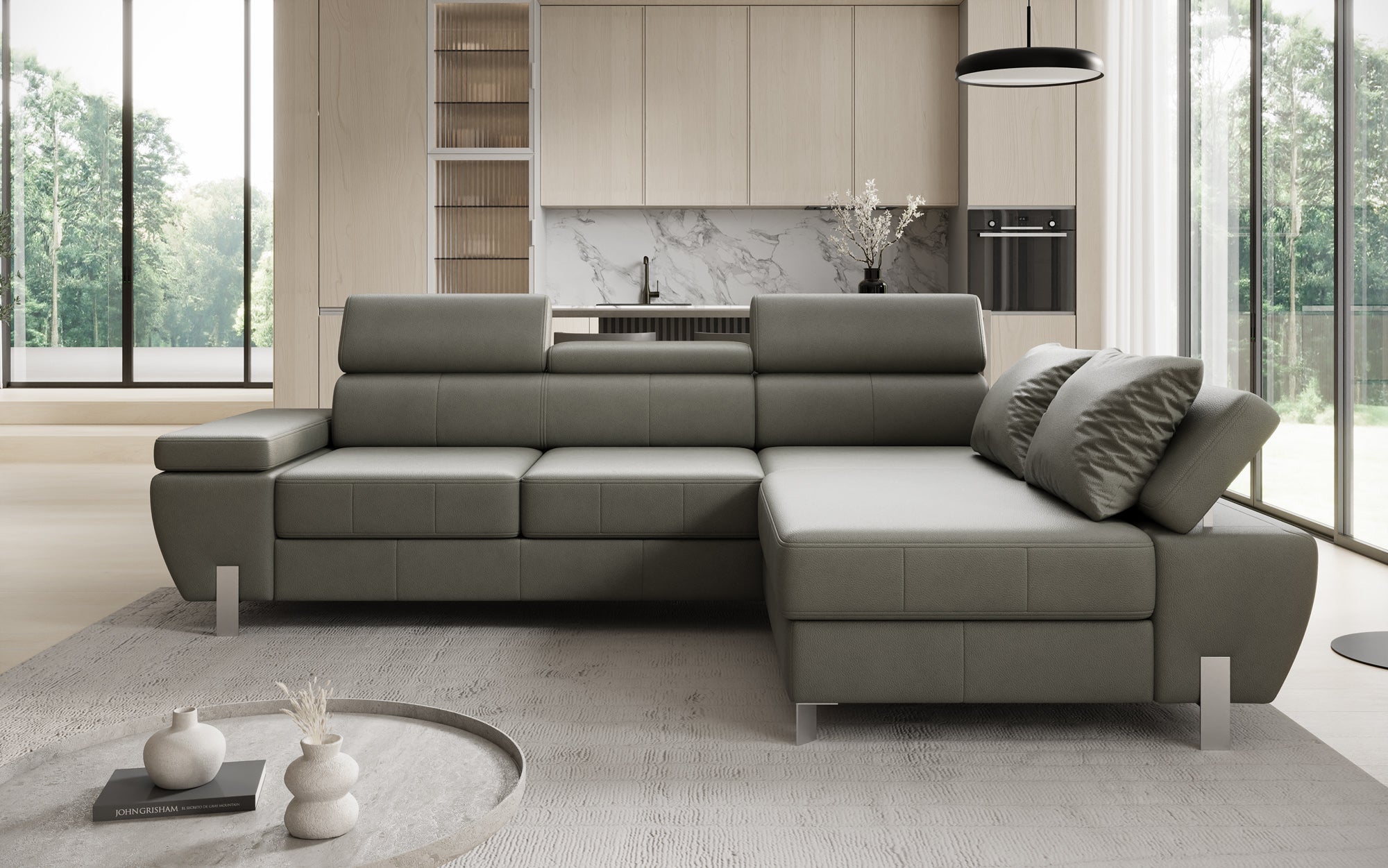 Designer L Sofa Calista with Sleeping Function and Storage in Genuine Leather