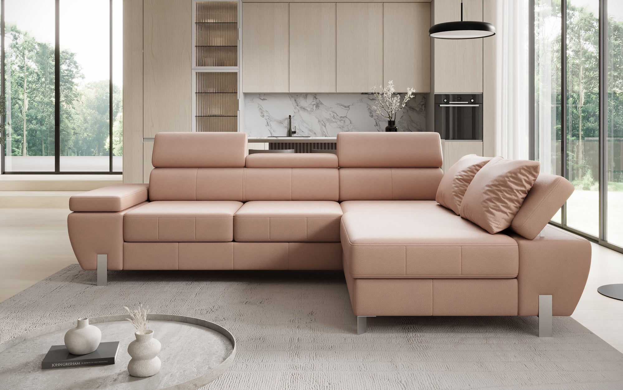 Designer L Sofa Calista with Sleeping Function and Storage in Genuine Leather