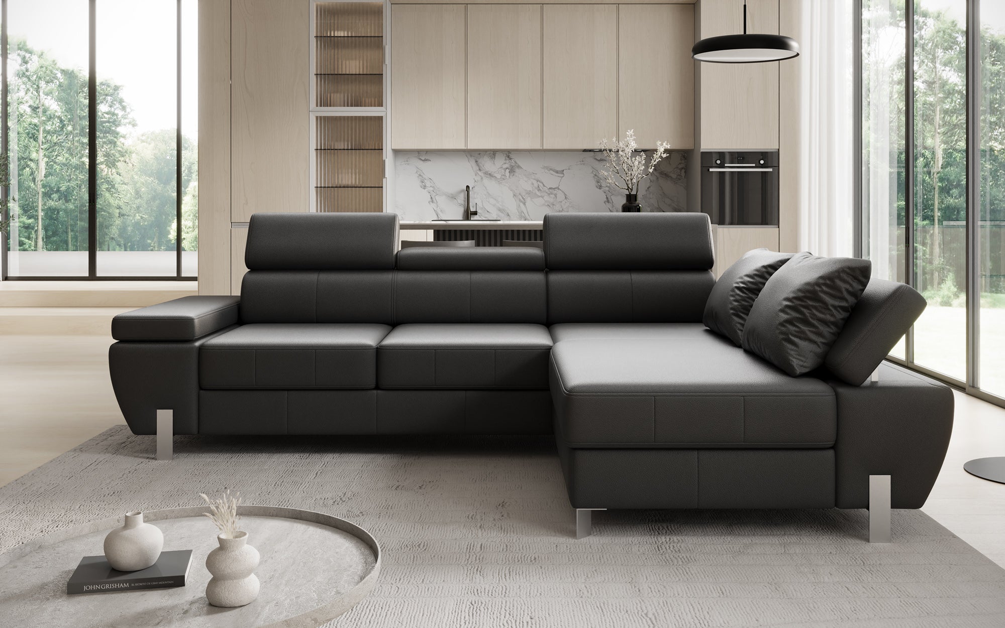Designer L Sofa Calista with Sleeping Function and Storage in Genuine Leather