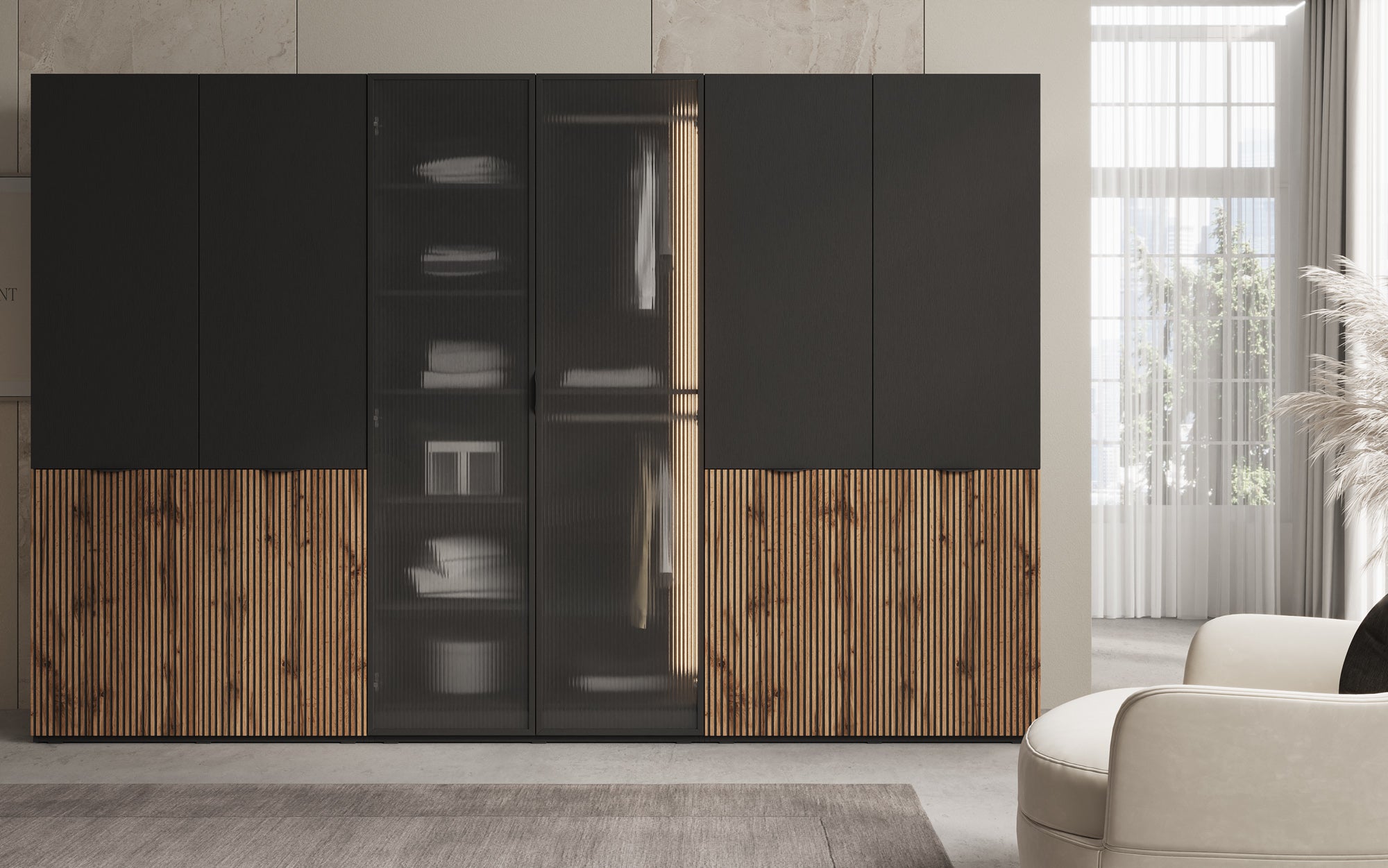 Modulo Serin – Three-module design wardrobe with wood and structured glass front