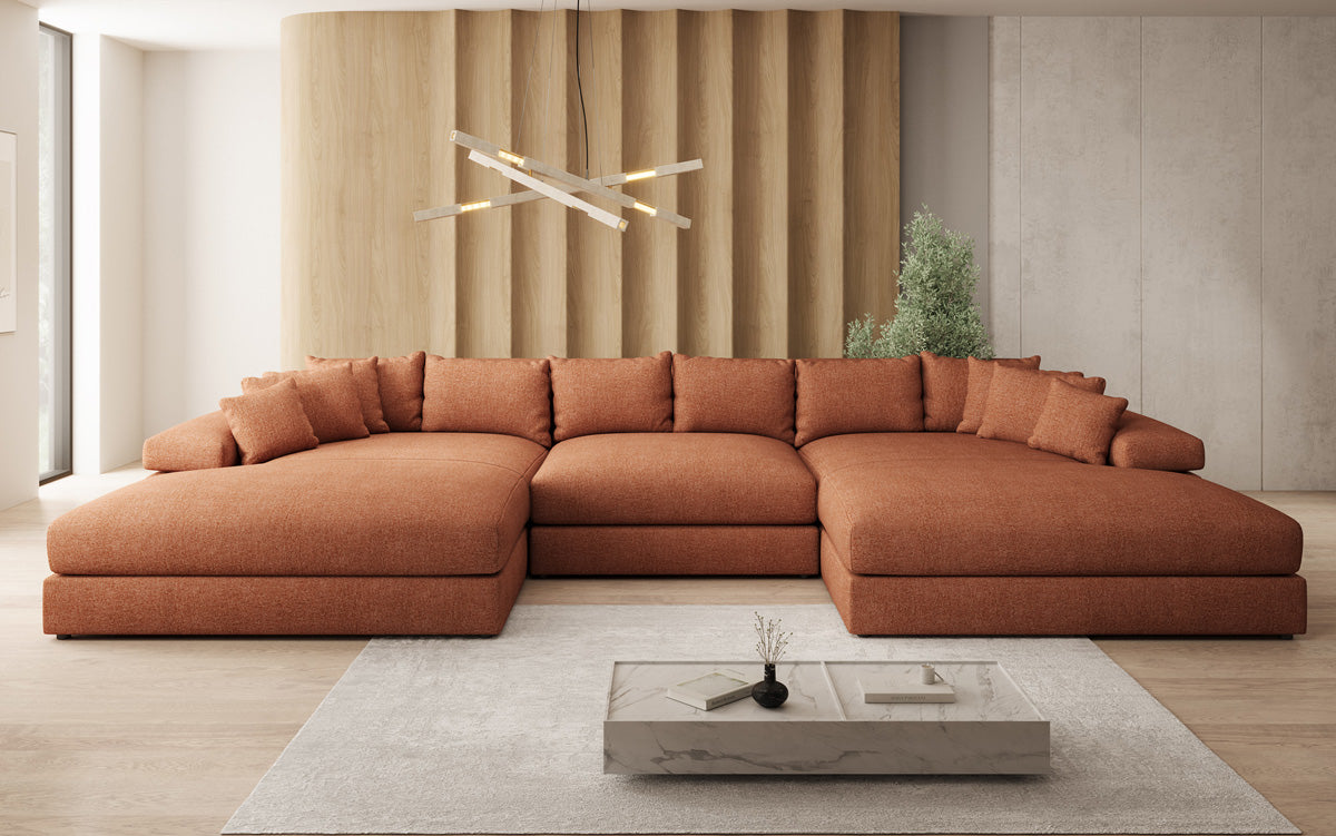 Designer Sofa Bernardo U with Wide Ottoman in Textured Fabric