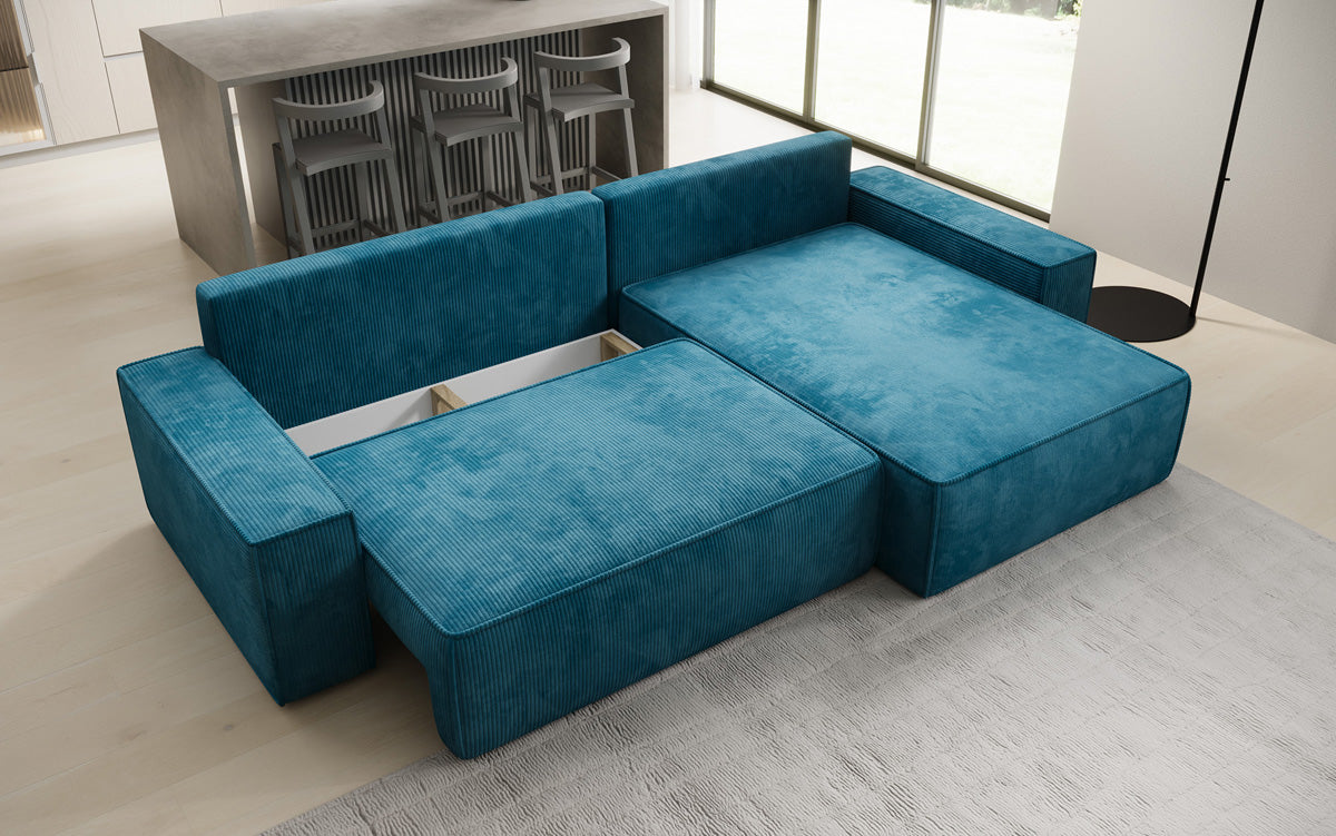 Designer corner sofa Lunaro with sleeping and fold-out function in Corduroy