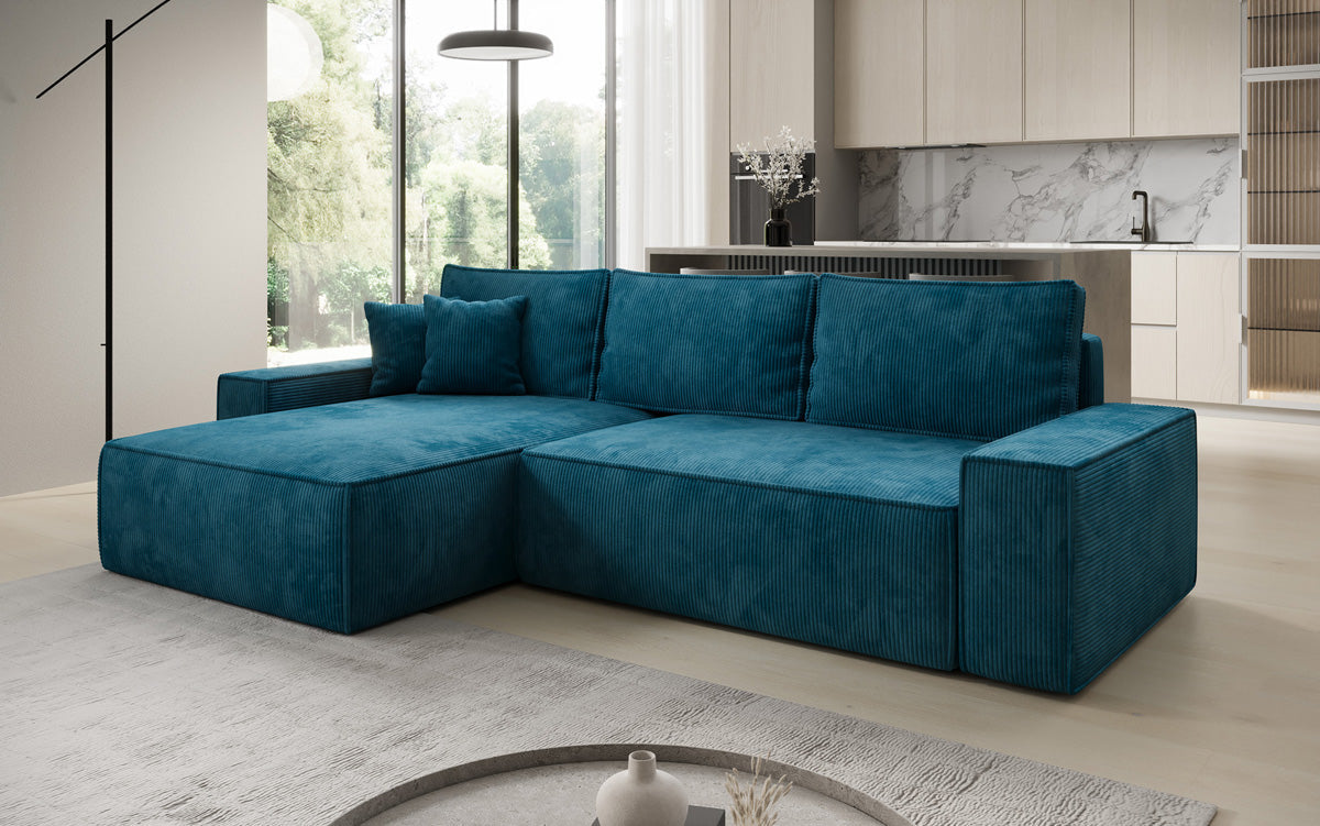 Designer corner sofa Lunaro with sleeping and fold-out function in Corduroy