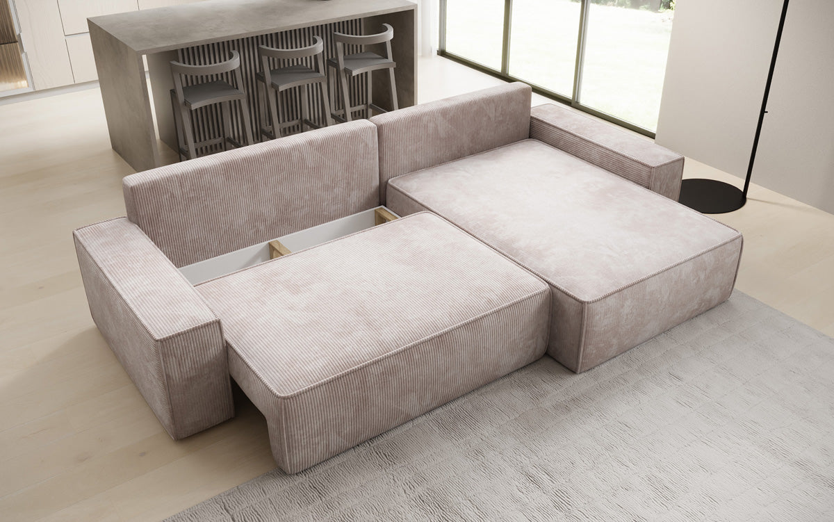 Designer corner sofa Lunaro with sleeping and fold-out function in Corduroy
