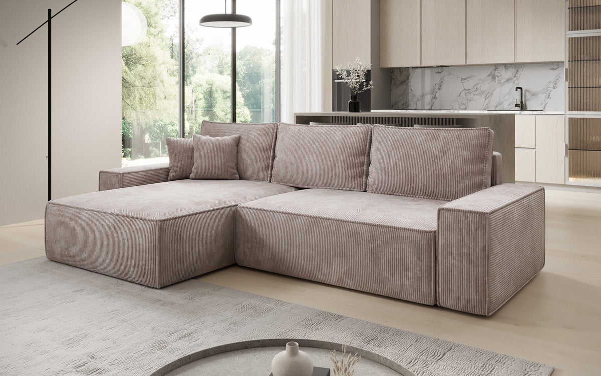 Designer corner sofa Lunaro with sleeping and fold-out function in Corduroy