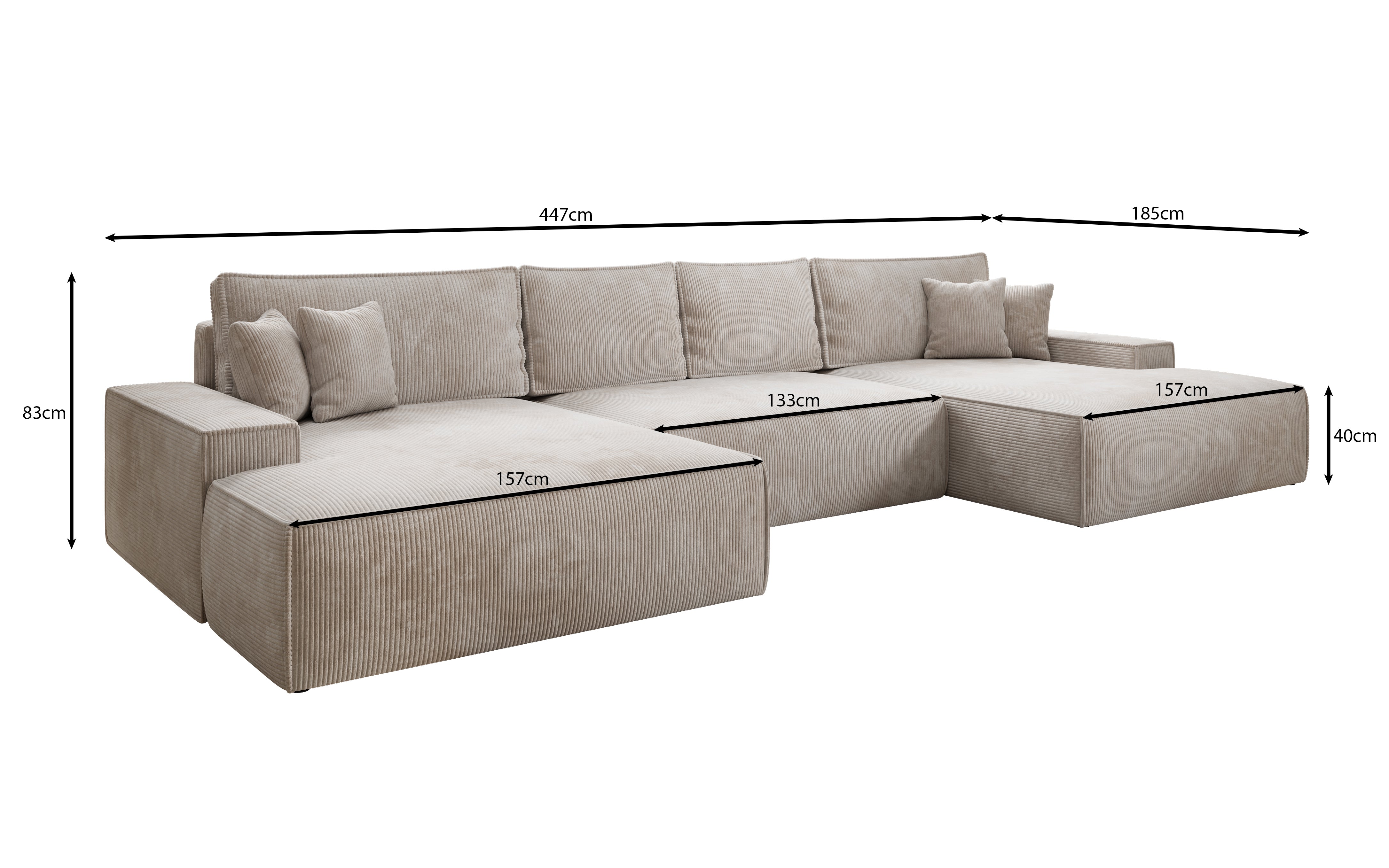 Designer Sofa Verona U with Wide Ottoman, Sofa Bed Function and Storage in Corduroy