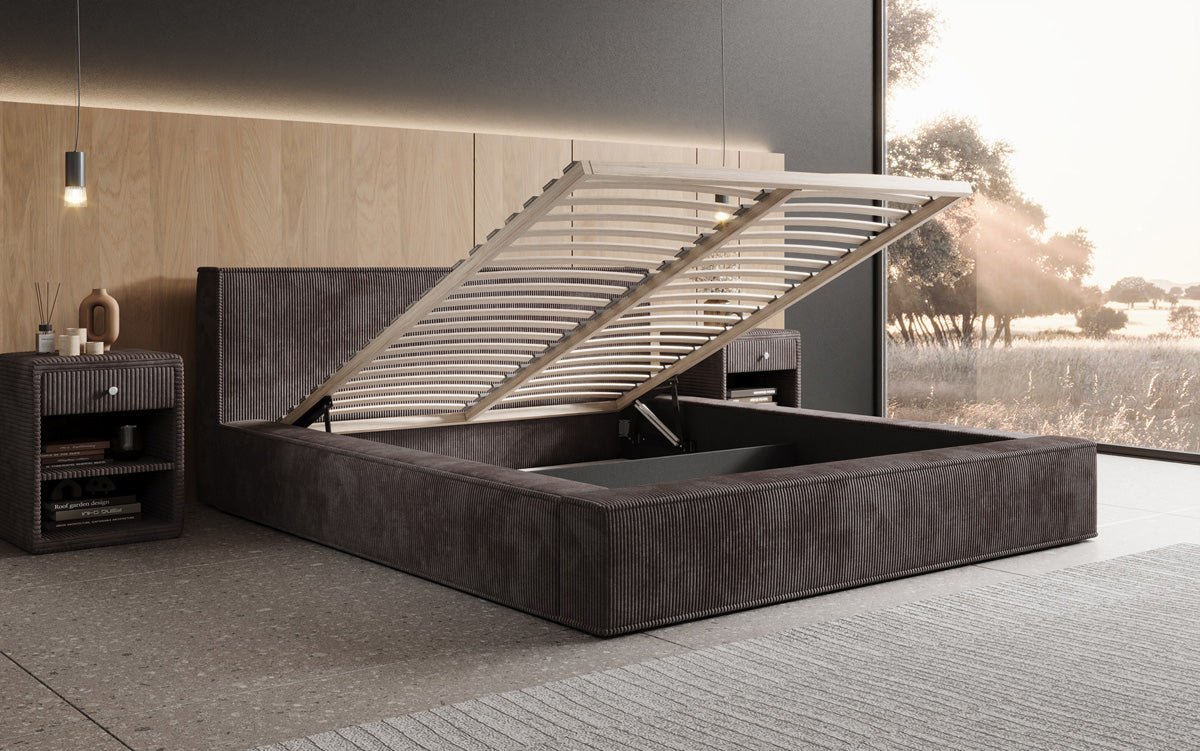 Designer Upholstered Bed Harmon in Corduroy with Storage
