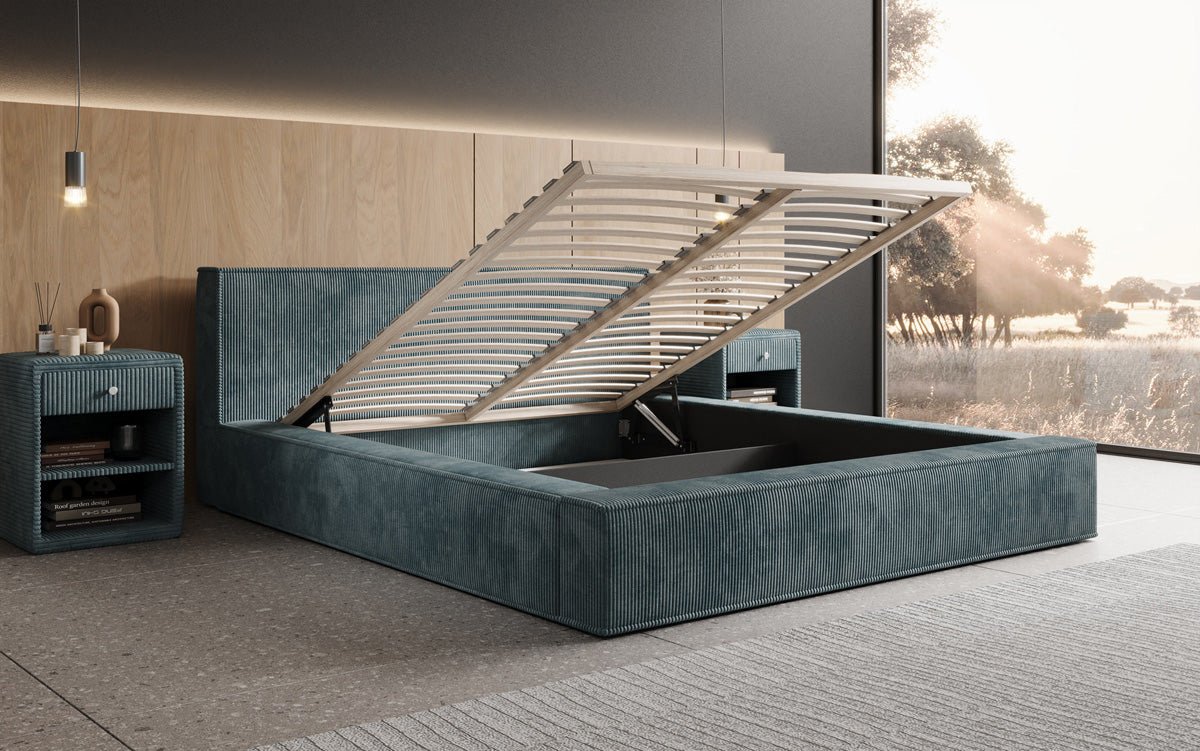 Designer Upholstered Bed Harmon in Corduroy with Storage