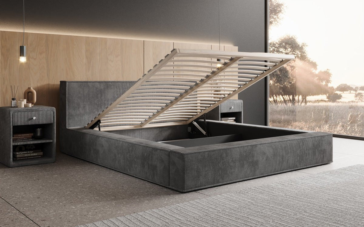 Designer Upholstered Bed Harmon in Corduroy with Storage