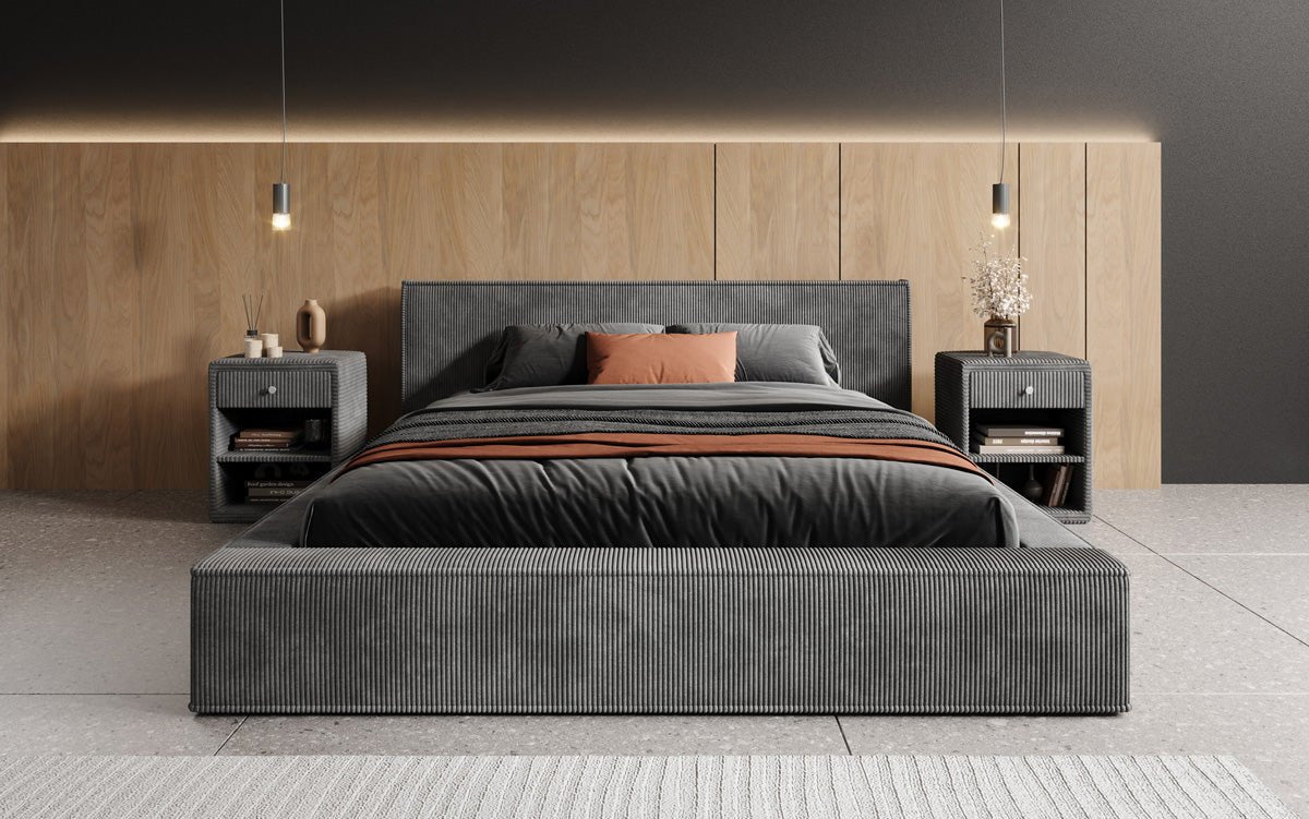Designer Upholstered Bed Harmon in Corduroy with Storage