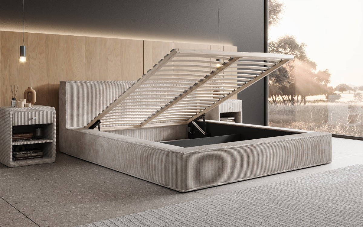 Designer Upholstered Bed Harmon in Corduroy with Storage