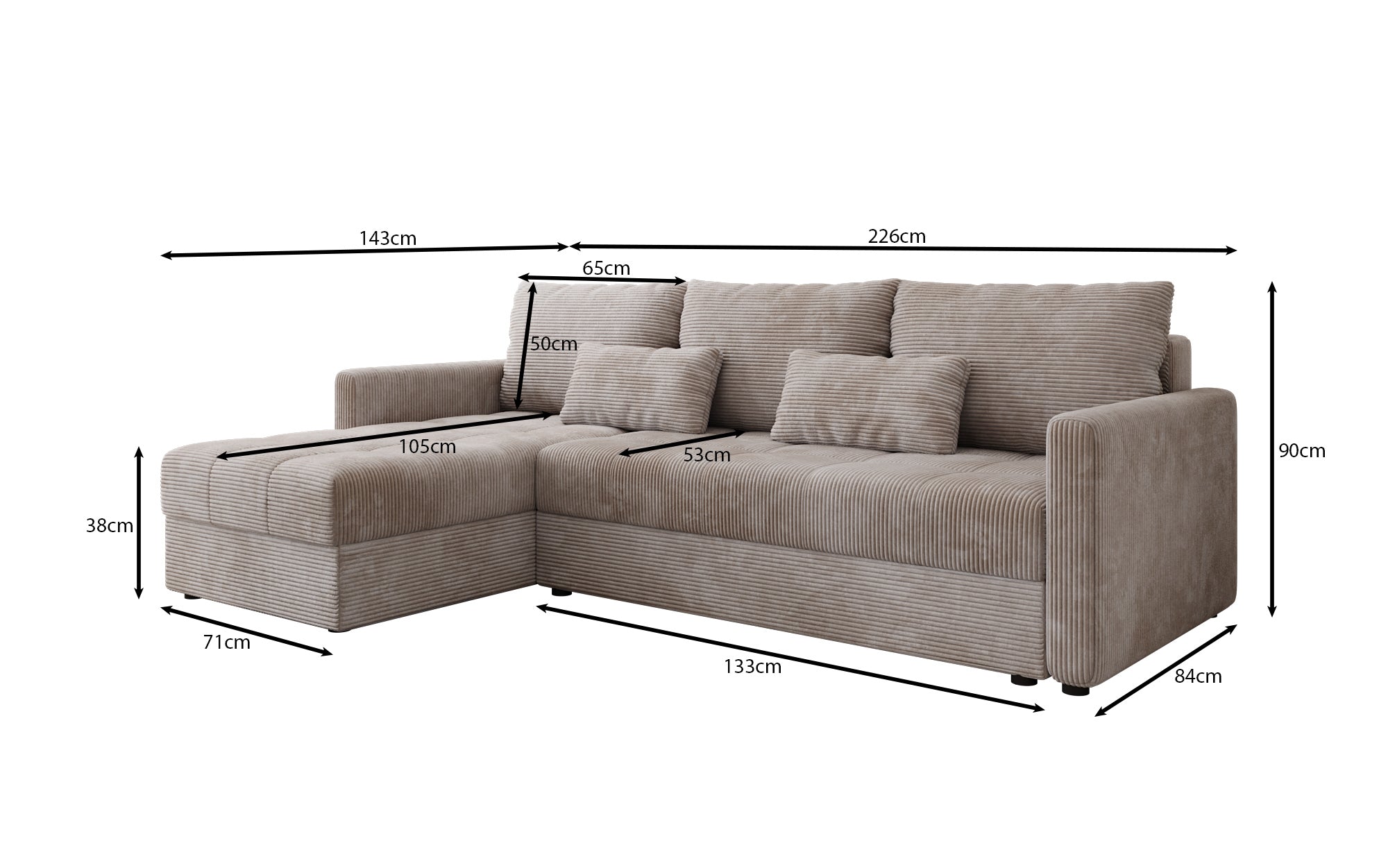 Designer sofa Roma in corduroy with sleeping and folding function