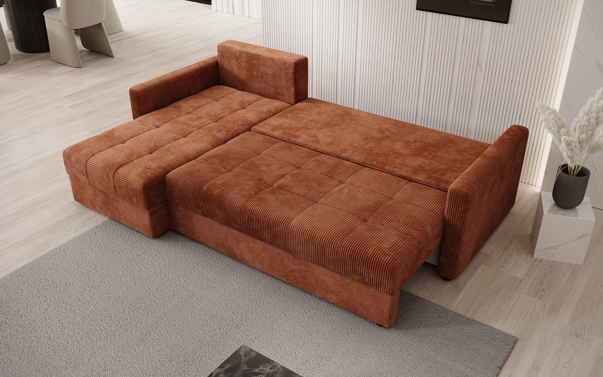 Designer sofa Roma in corduroy with sleeping and folding function