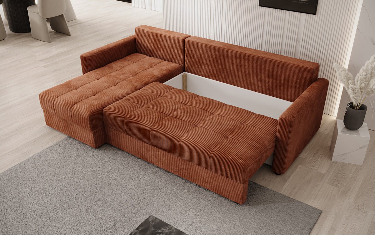 Designer sofa Roma in corduroy with sleeping and folding function