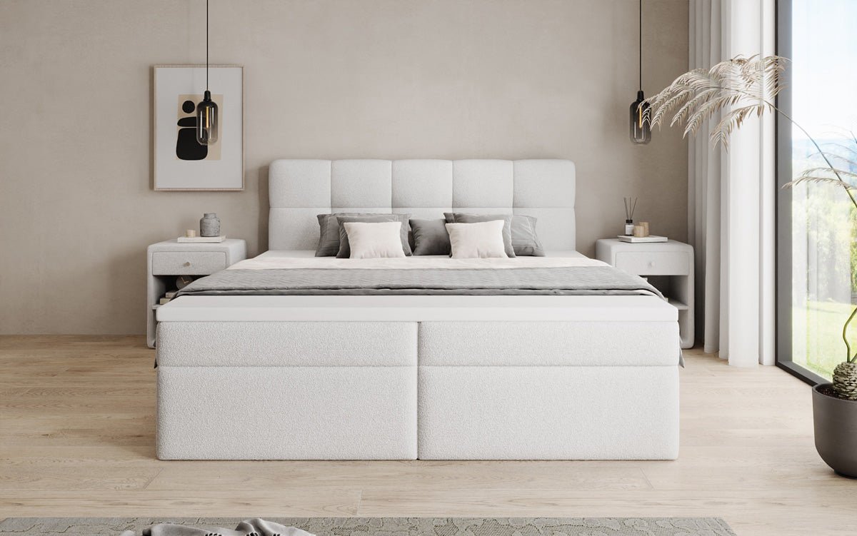 Box spring bed Cozy II in teddy boucle with storage space