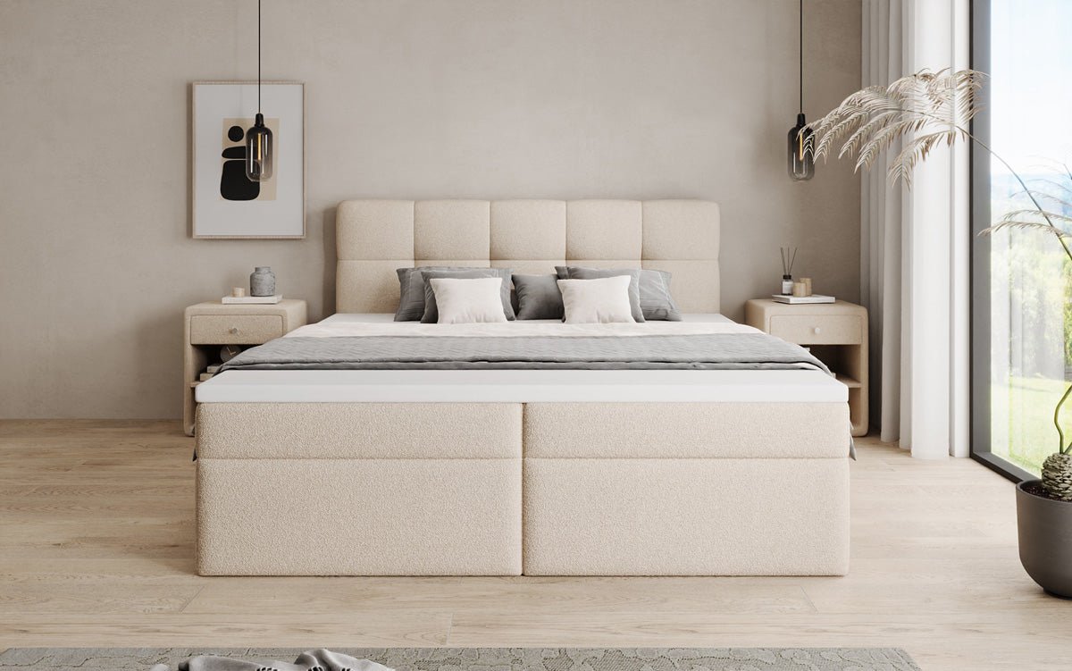 Box spring bed Cozy II in teddy boucle with storage space