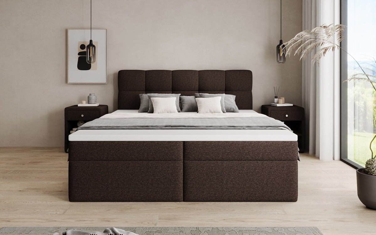 Box spring bed Cozy II in teddy boucle with storage space