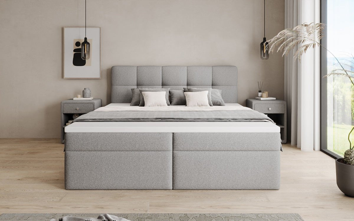 Box spring bed Cozy II in teddy boucle with storage space