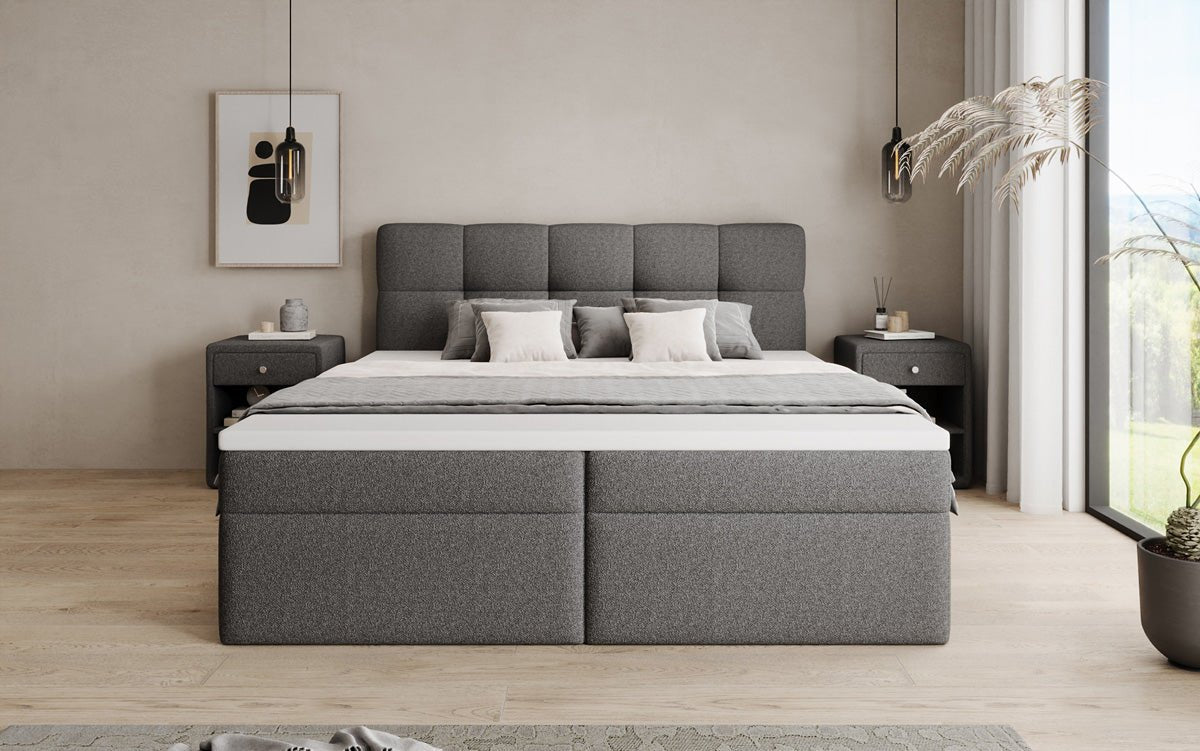 Box spring bed Cozy II in teddy boucle with storage space