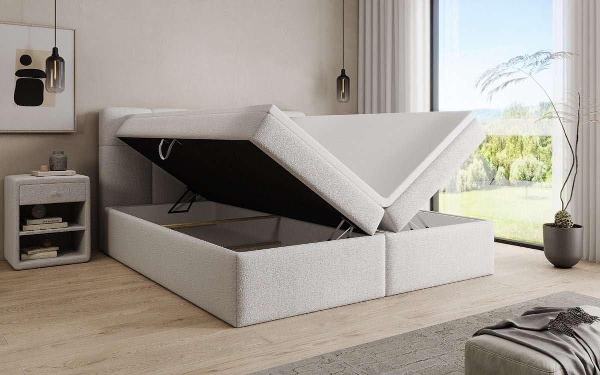 Box spring bed Cozy II in teddy boucle with storage space
