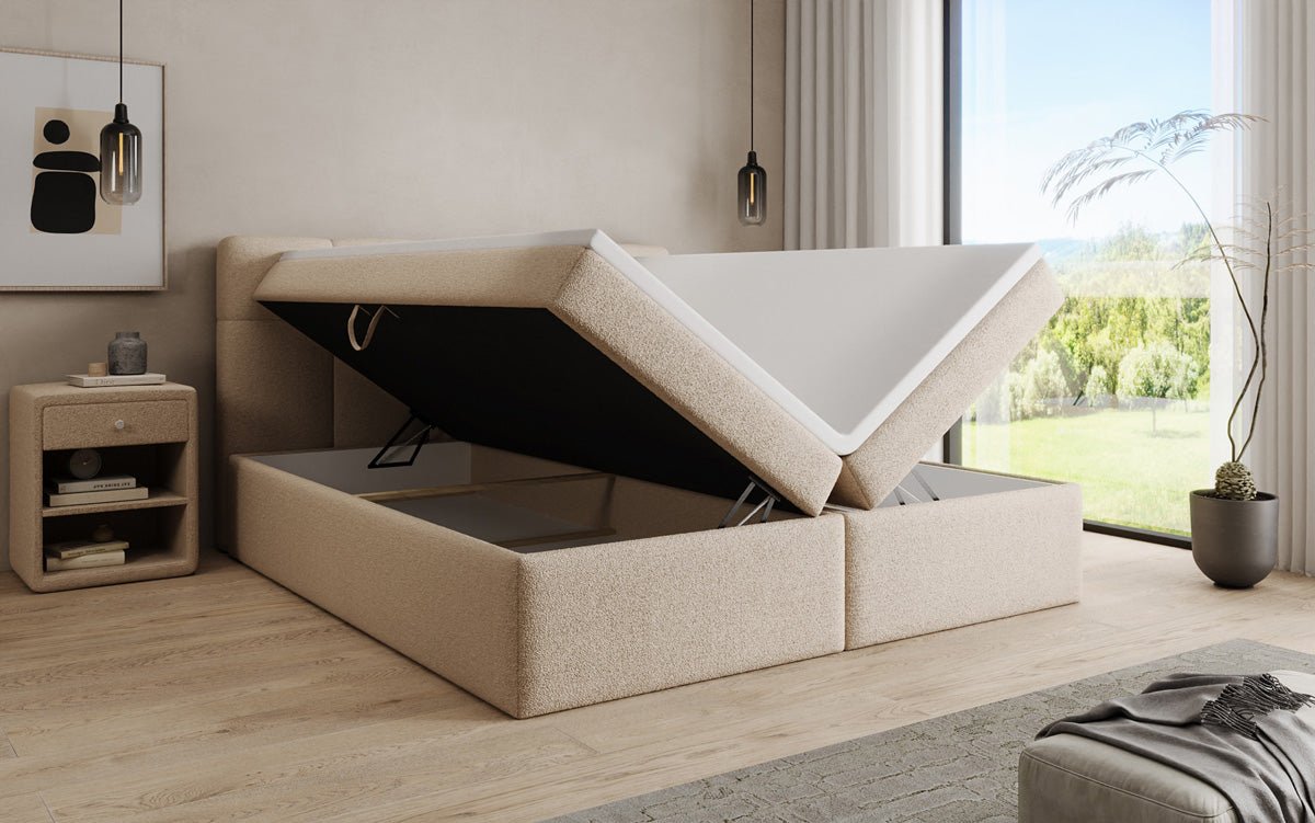 Box spring bed Cozy II in teddy boucle with storage space