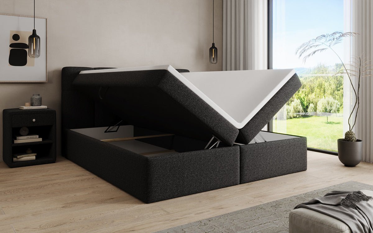 Box spring bed Cozy II in teddy boucle with storage space