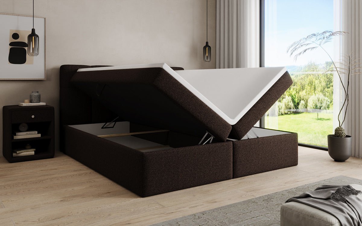 Box spring bed Cozy II in teddy boucle with storage space