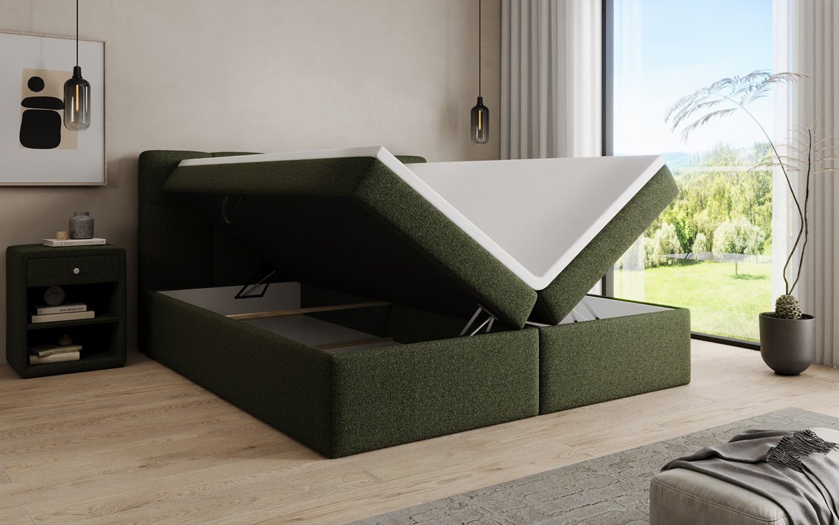 Box spring bed Cozy II in teddy boucle with storage space