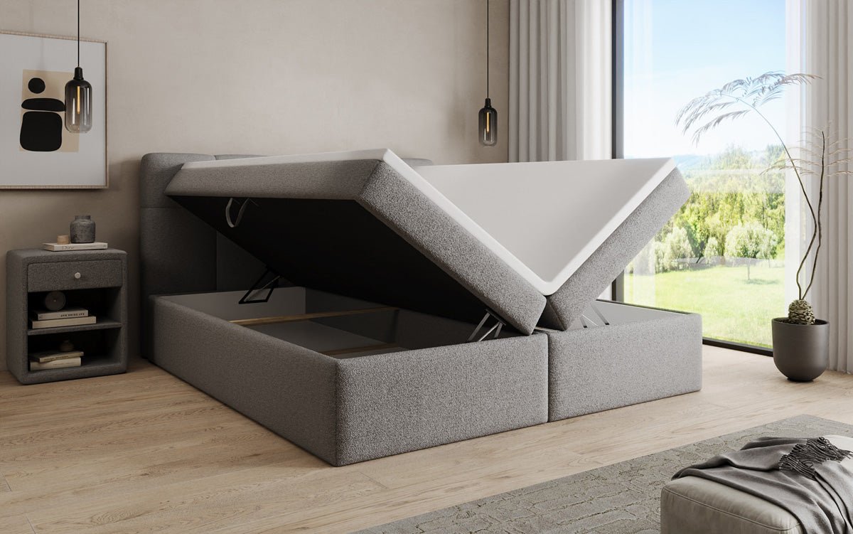 Box spring bed Cozy II in teddy boucle with storage space