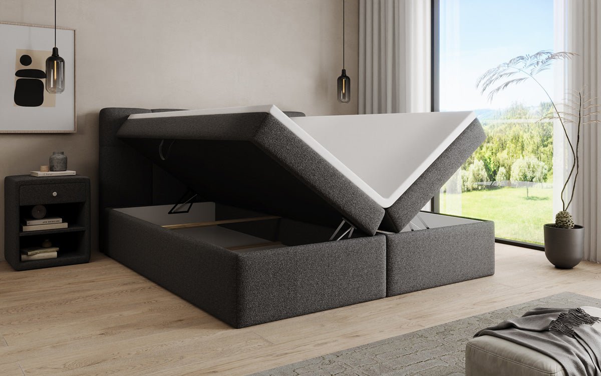 Box spring bed Cozy II in teddy boucle with storage space
