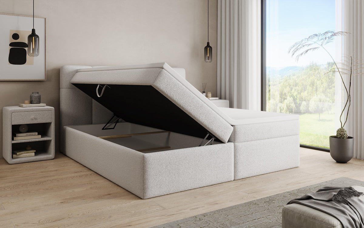 Box spring bed Cozy II in teddy boucle with storage space