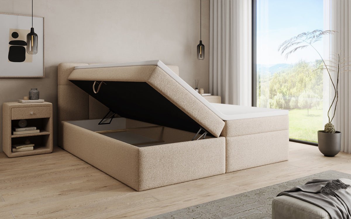 Box spring bed Cozy II in teddy boucle with storage space