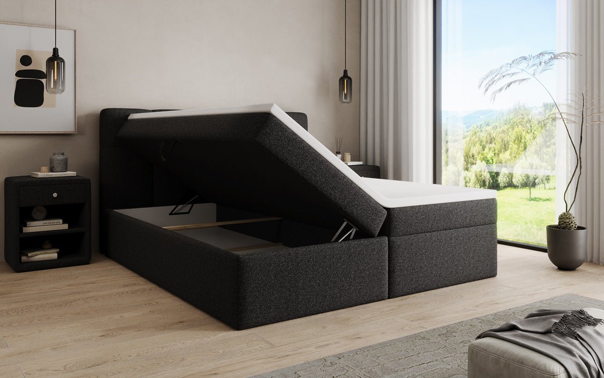 Box spring bed Cozy II in teddy boucle with storage space