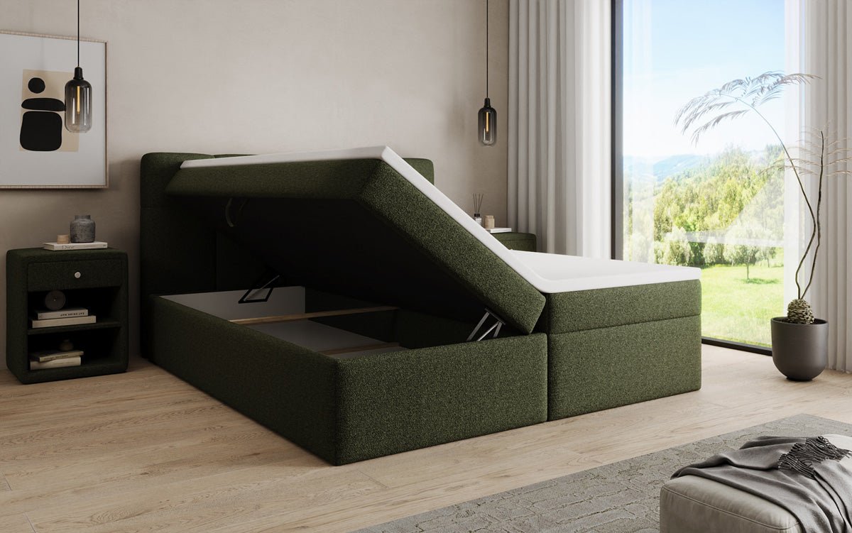 Box spring bed Cozy II in teddy boucle with storage space