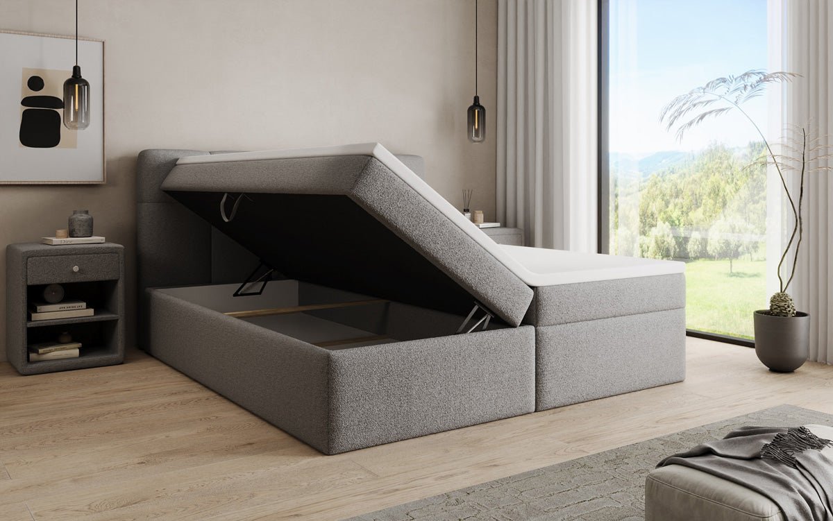 Box spring bed Cozy II in teddy boucle with storage space