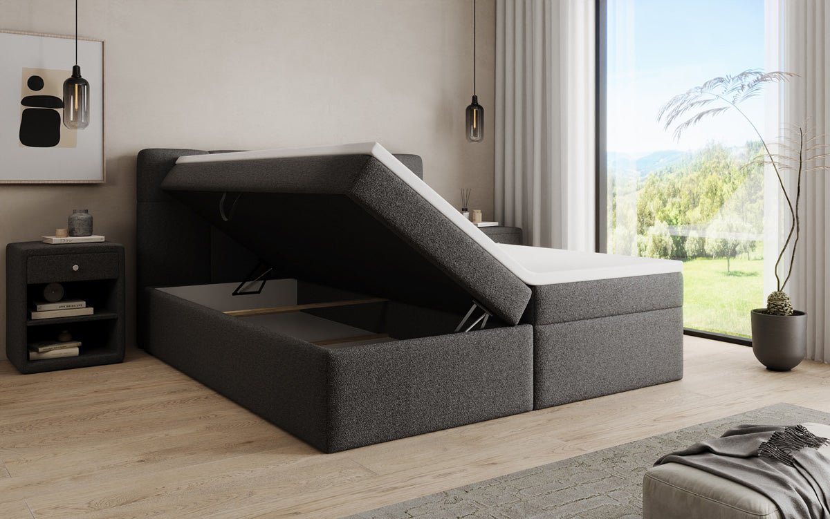 Box spring bed Cozy II in teddy boucle with storage space