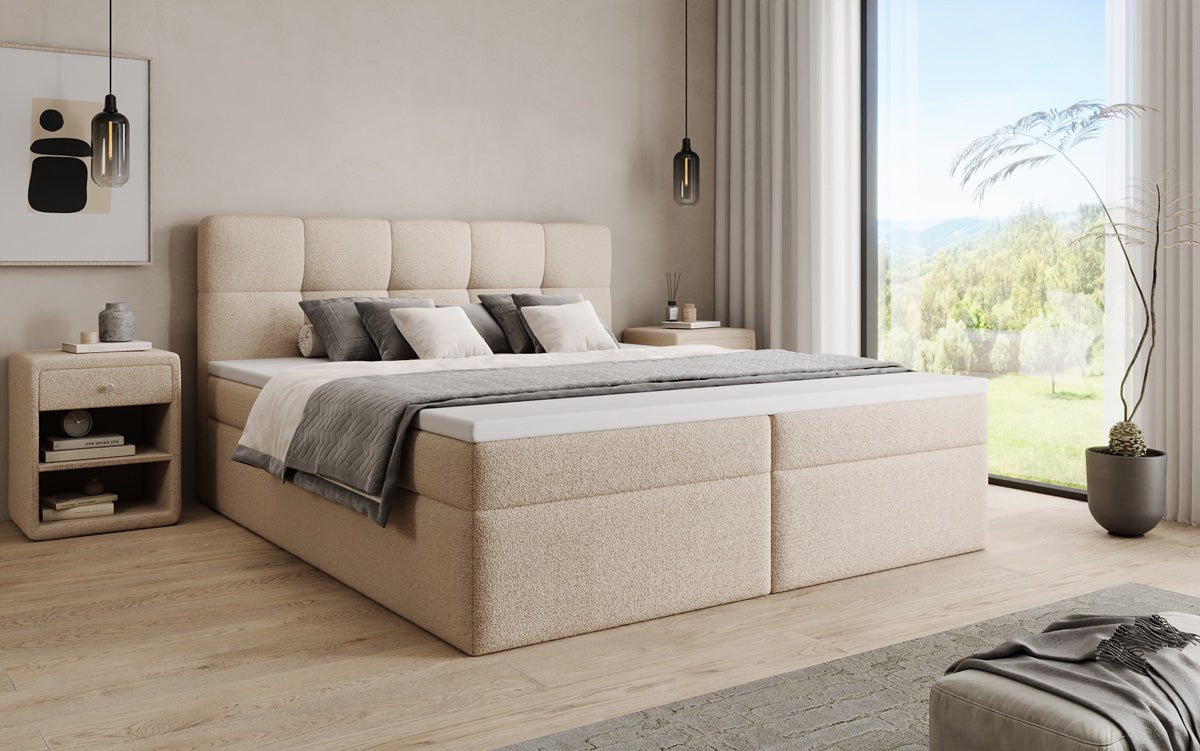 Box spring bed Cozy II in teddy boucle with storage space