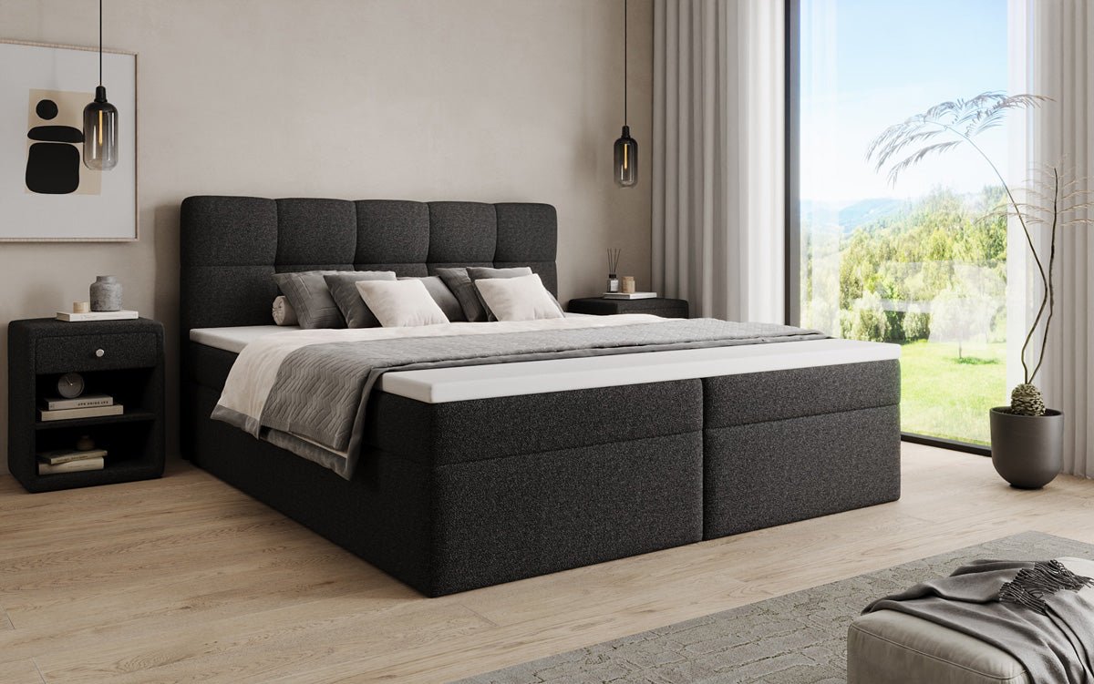 Box spring bed Cozy II in teddy boucle with storage space